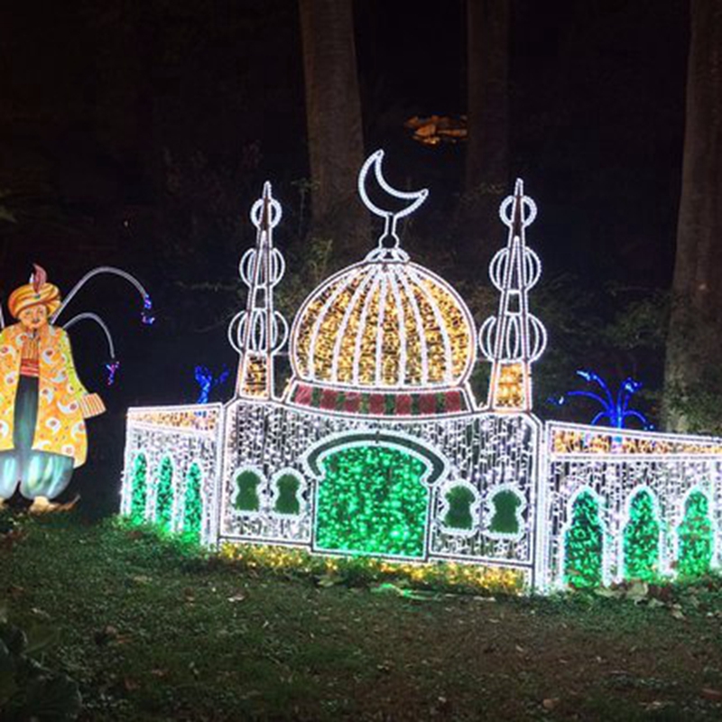 Ramadan moon and mosque motif shown in an outdoor installation
